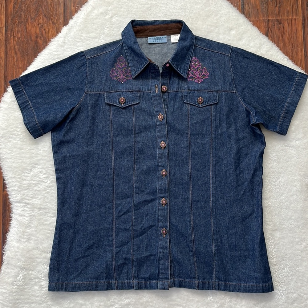 WRANGLER Denim Western Cowgirl Pink Rhinestone Button Front Shirt